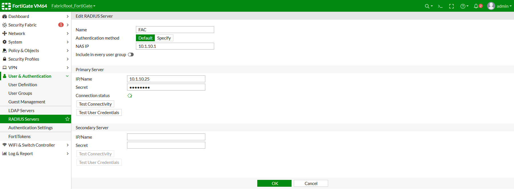 Configure the RADIUS server on FortiGate FortiAuthenticator 6.4.0